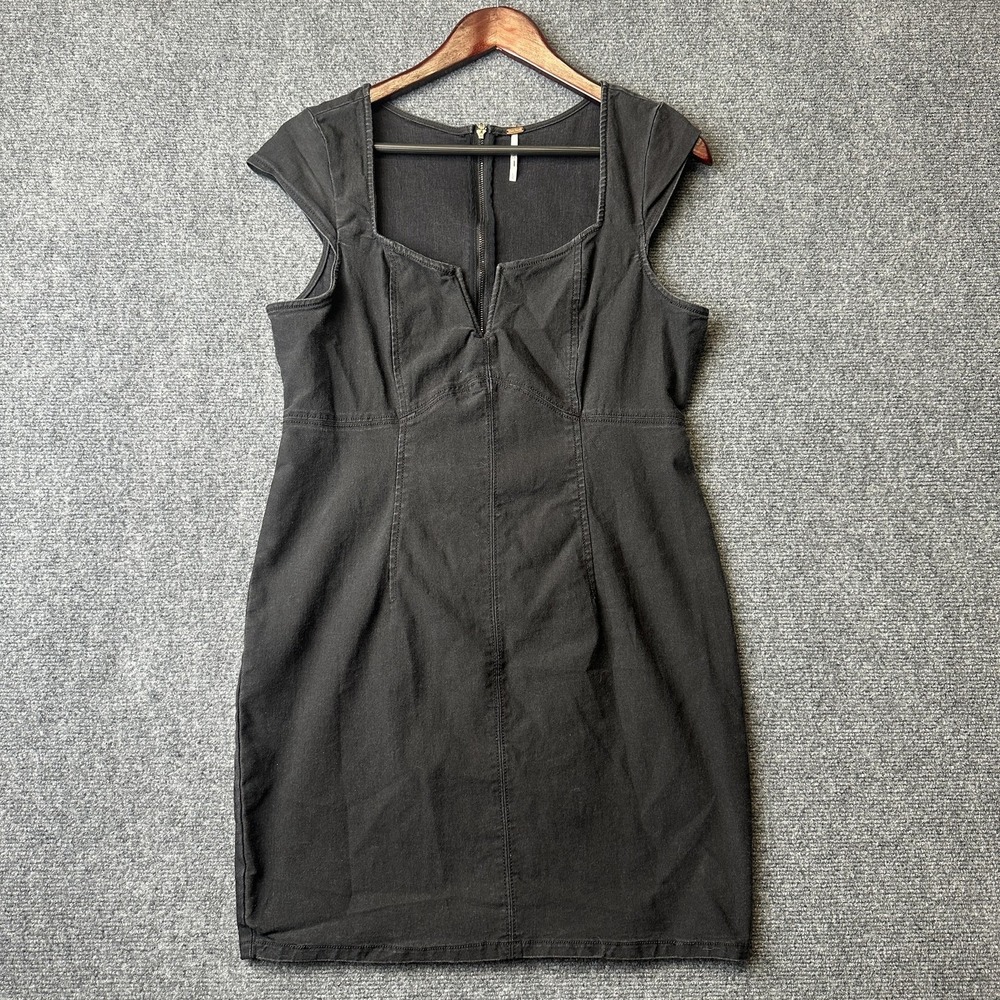 Free People Dress Womens L Black Denim Sheath V Neck Cap Sleeve‎ Casual Everyday